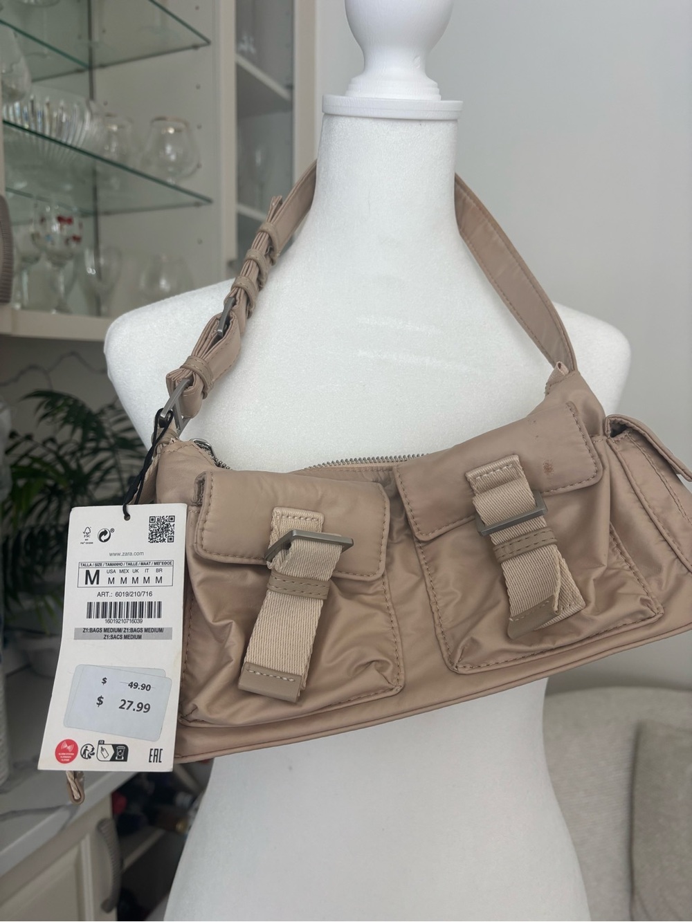 Zara Taupe Shoulder Bag with Front Buckle Pockets